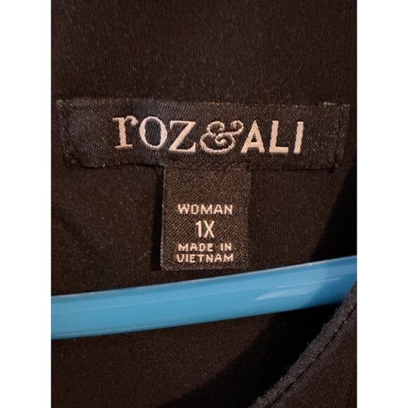 Roz & Ali Womens 1X Black Floral Keyhole Neck Bell Sleeve Dress - Picture 4 of 5